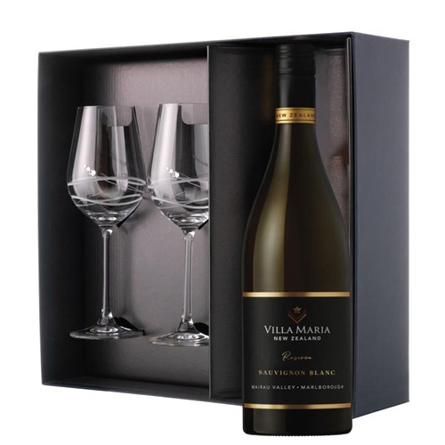 Villa Maria Reserve Sauvignon Blanc 75cl White Wine And Diamante Venezia Glasses Gift Box Set